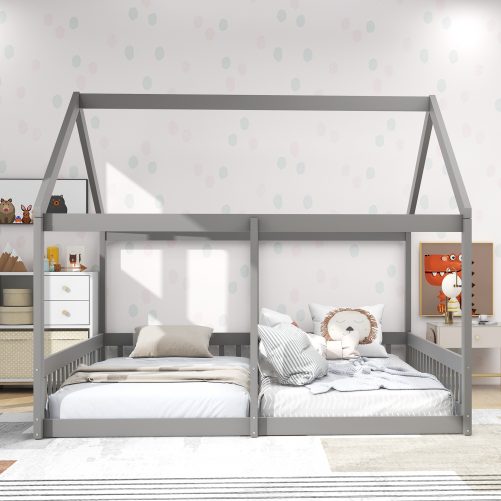 House Shape Twin Size Low Platform Beds, Two Shared Beds