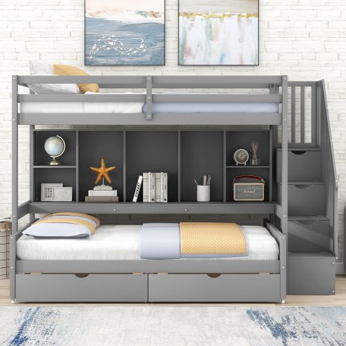 Twin XL over Full Bunk Bed with Built-in Storage Shelves, Drawers and Staircase