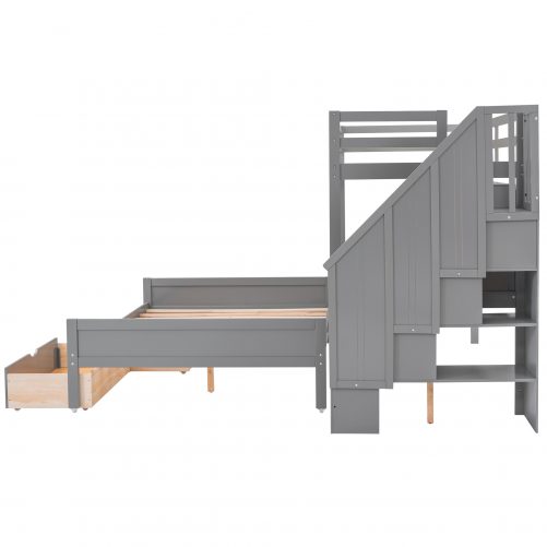 Twin XL over Full Bunk Bed with Built-in Storage Shelves, Drawers and Staircase