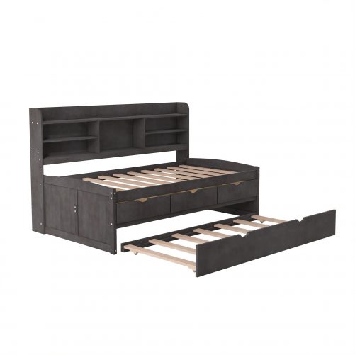 Twin Size Wooden Captain Bed with Built-in Bookshelves,Three Storage Drawers and Trundle