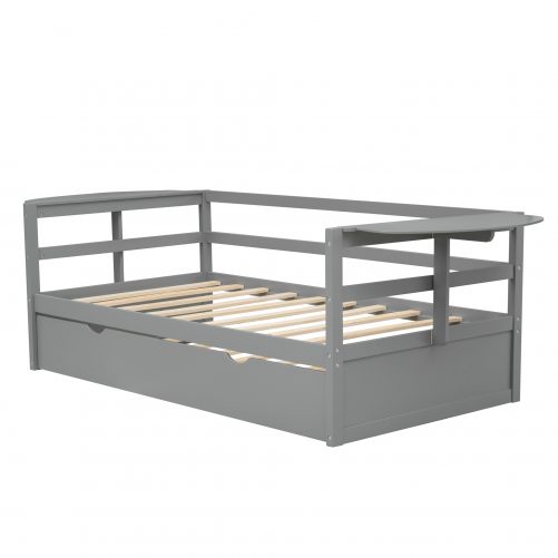 Twin Size Daybed with Trundle and Foldable Shelves on Both Sides