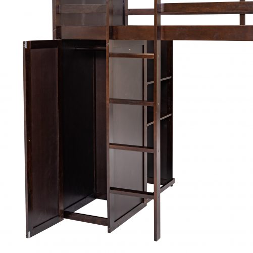 Twin size Loft Bed with a Stand-alone bed, Shelves,Desk,and Wardrobe