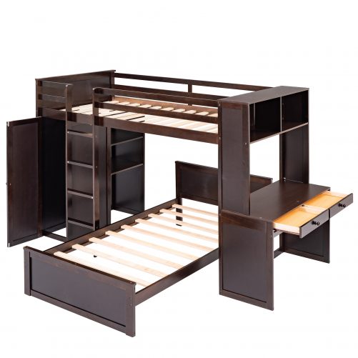 Twin size Loft Bed with a Stand-alone bed, Shelves,Desk,and Wardrobe