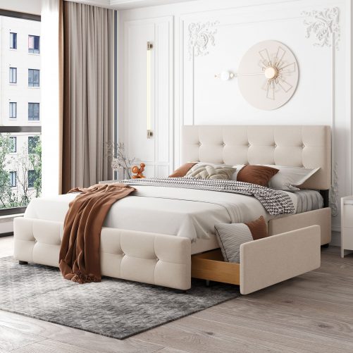 Upholstered Platform Bed with Classic Headboard and 4 Drawers
