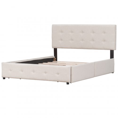 Upholstered Platform Bed with Classic Headboard and 4 Drawers