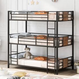 Twin Size Triple Metal Bunk Bed With Wood Decoration Headboard And Footboard