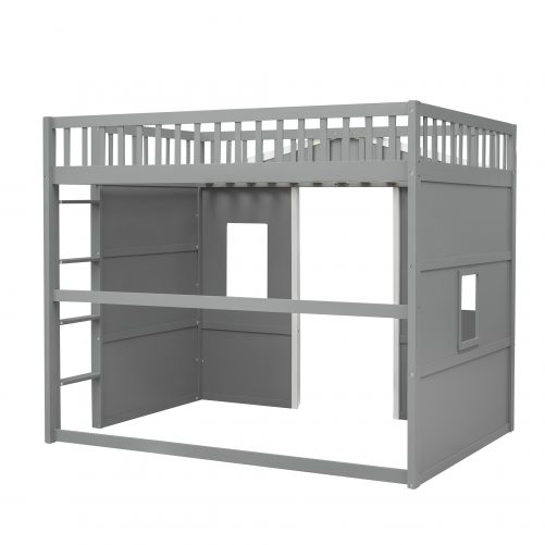 Full Size House Loft Bed With Ladder and Guardrail