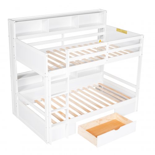 Twin Size Bunk Bed With Built-in Shelves, Beside Both Upper And Down Bed And Storage Drawer