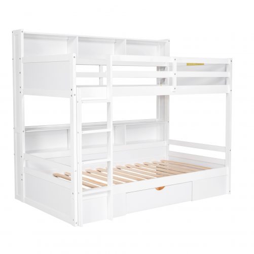Twin Size Bunk Bed With Built-in Shelves, Beside Both Upper And Down Bed And Storage Drawer