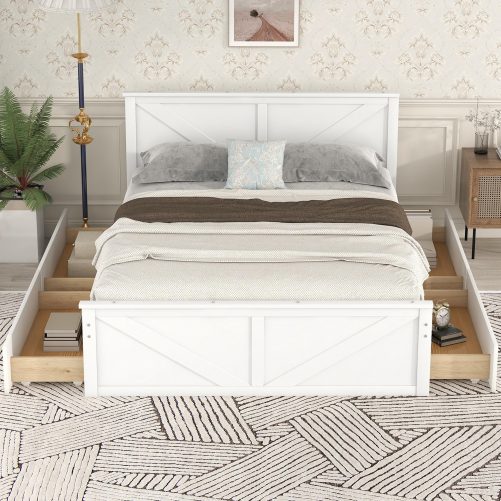 Queen Size Wooden Platform Bed With Four Storage Drawers And Support Legs