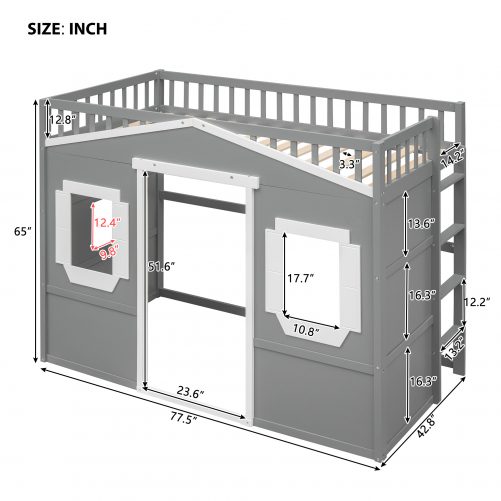 Twin Size House Loft Bed With Ladder and Guardrail