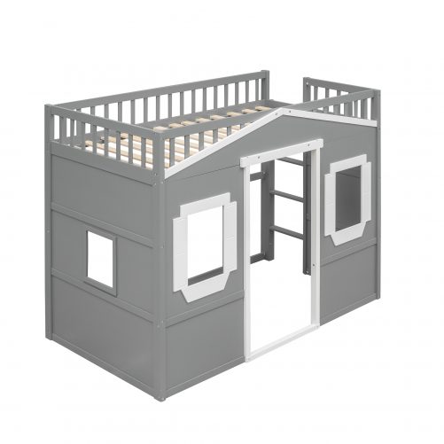 Twin Size House Loft Bed With Ladder and Guardrail