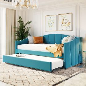 Twin Size Upholstered Daybed With Trundle Bed And Wood Slat