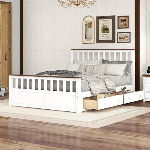 Wooden Queen Size Platform Bed with Two Drawers and Slat Support