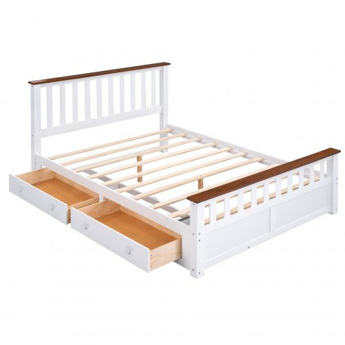 Wooden Queen Size Platform Bed with Two Drawers and Slat Support