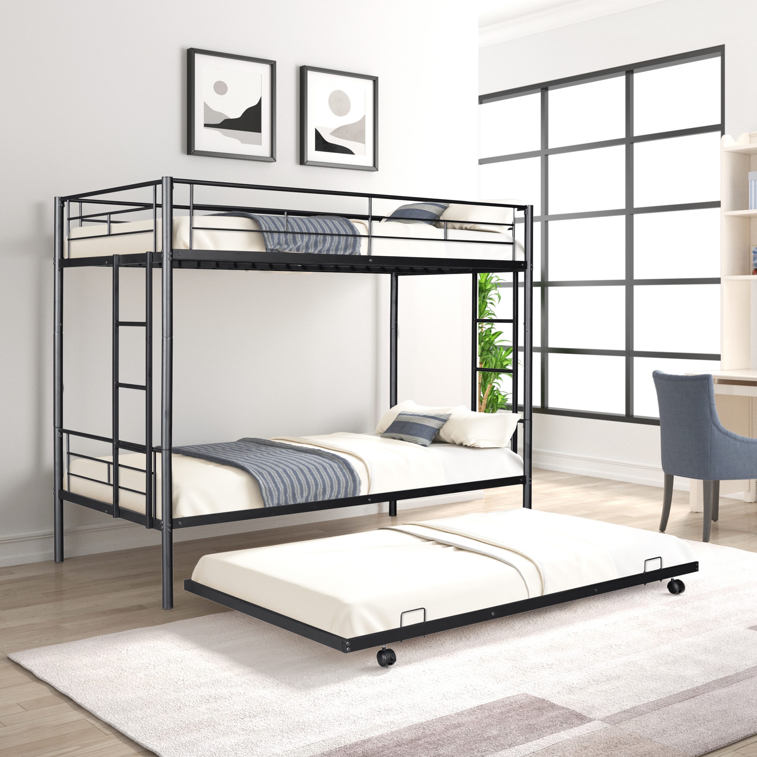 Metal Twin Over Twin Bunk Bed With Trundle and  Guardrail