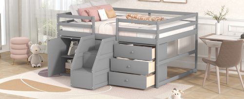 Full Size Functional Loft Bed with Cabinets and Drawers