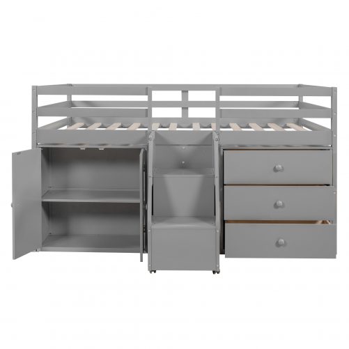 Full Size Functional Loft Bed with Cabinets and Drawers