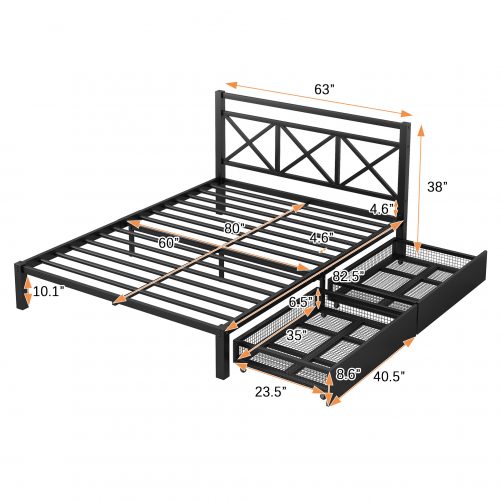 Queen Size Metal Platform Bed With 2 Drawers