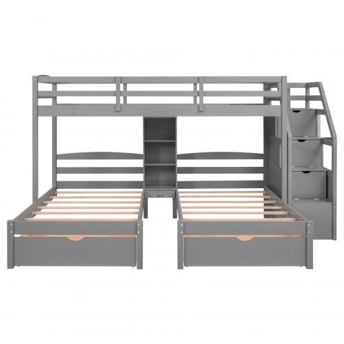 Twin Over Twin&Twin Bunk Bed With Drawers, Staircase and Built-in Shelves