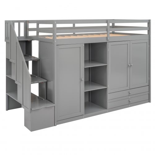 Multi-Functional Twin Size Loft Bed With 3 Shelves, 2 Wardrobes And 2 Drawers