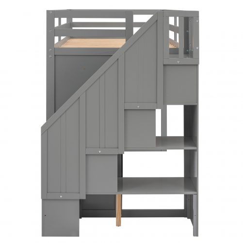 Multi-Functional Twin Size Loft Bed With 3 Shelves, 2 Wardrobes And 2 Drawers