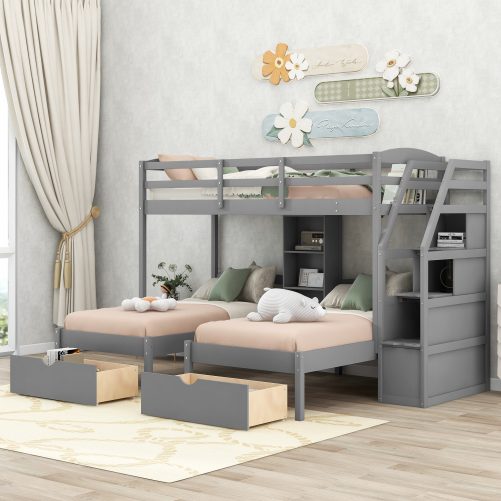 Twin Over Twin&Twin Bunk Bed With Drawers, Staircase and Built-in Shelves