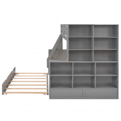 Twin Over Full Bunk Bed With Trundle And Shelves, Can Be Separated Into Three Separate Platform Beds