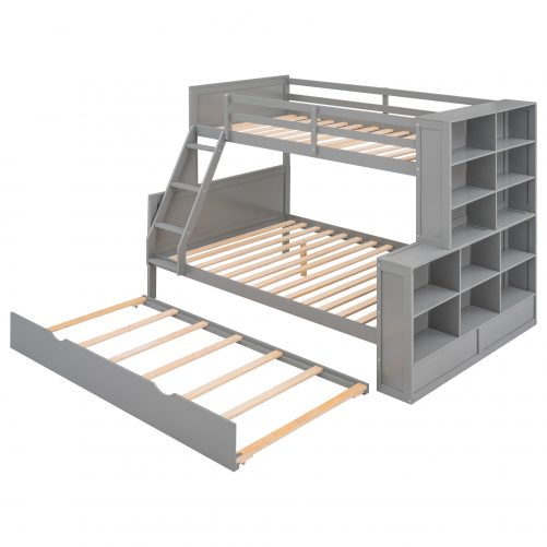 Twin Over Full Bunk Bed With Trundle And Shelves, Can Be Separated Into Three Separate Platform Beds