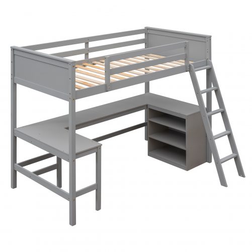 Wood Twin Size Loft Bed With Shelves And Desk