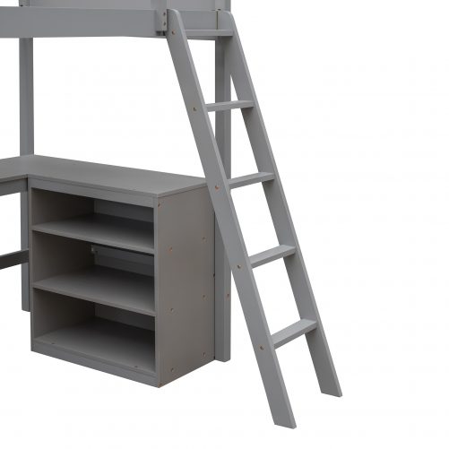 Wood Twin Size Loft Bed With Shelves And Desk