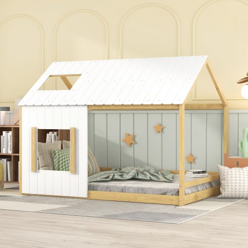 Full Size House Bed with Roof and Window