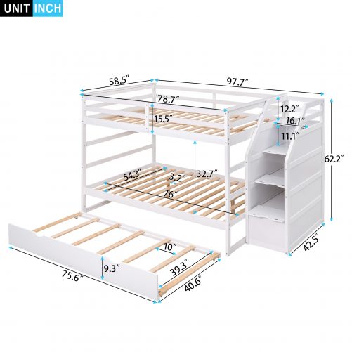 Full over Full Bunk Bed With Twin Size Trundle And 3 Storage Stairs