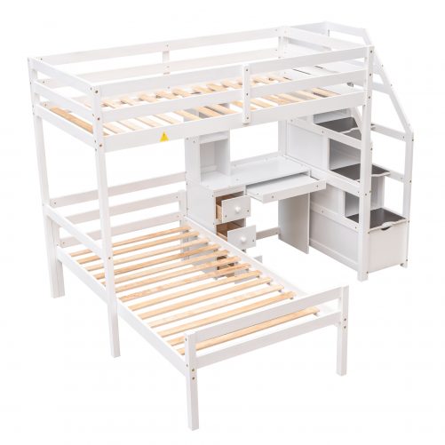 Twin Size Loft Bed with a Stand-alone Bed, Storage Staircase, Desk, Shelves and Drawers