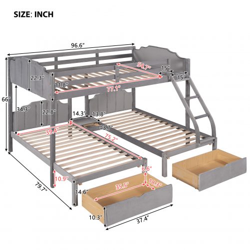 Velvet Full Over Twin & Twin Bunk Bed With Drawers And Guardrails