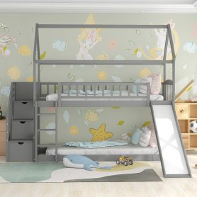 Twin Over Twin Bunk Bed With Drawers And Slide