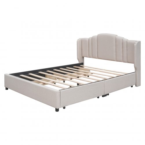 Upholstered Platform Bed with Wingback Headboard and 4 Drawers