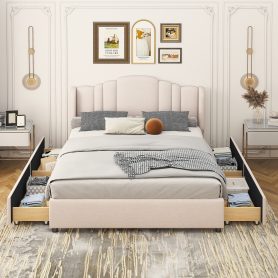 Upholstered Platform Bed with Wingback Headboard and 4 Drawers