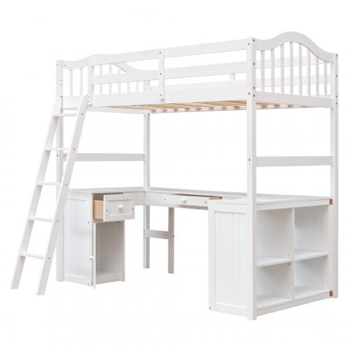 White Twin Size Loft Bed With Drawers, Cabinet, Shelves And Desk