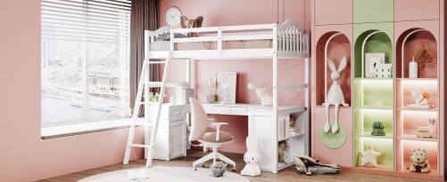 White Twin Size Loft Bed With Drawers, Cabinet, Shelves And Desk