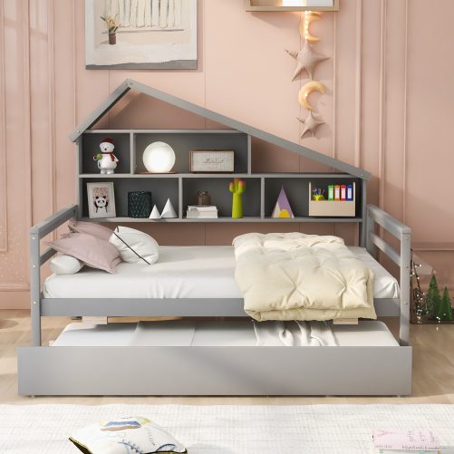 Full Size Platform Bed With Trundle And Shelves