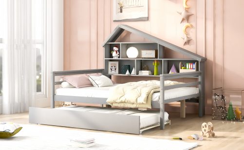 Full Size Platform Bed With Trundle And Shelves
