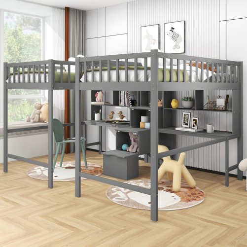 Twin & Twin Size Loft Bed With 2 Built-in Desks, Shelves And Storage Staircase