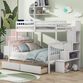 Twin Over Full Bunk Bed With 2 Drawers, Staircases, And Safety Rails