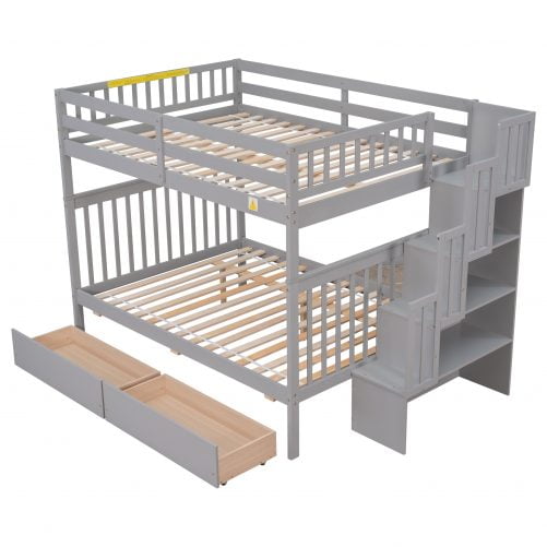 Full Over Full Bunk Bed With 2 Drawers, Staircases, And Safety Rails