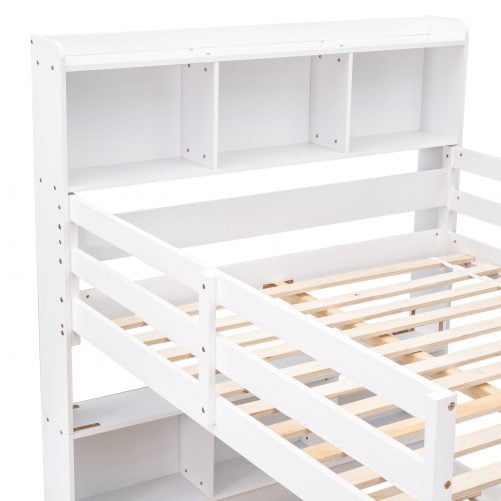 Full Over Full Bunk Beds with Bookcase Headboard, Safety Rail And Ladder