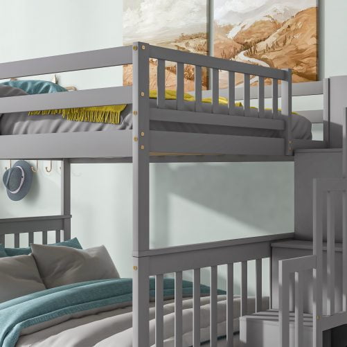 Full Over Full Bunk Bed With 2 Drawers, Staircases, And Safety Rails