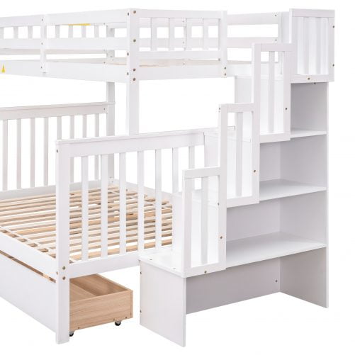 Twin Over Full Bunk Bed With 2 Drawers, Staircases, And Safety Rails