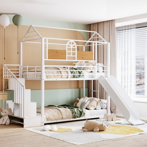 Metal Housebed Twin Over Twin Bunk Bed  With Slide And Storage Stair