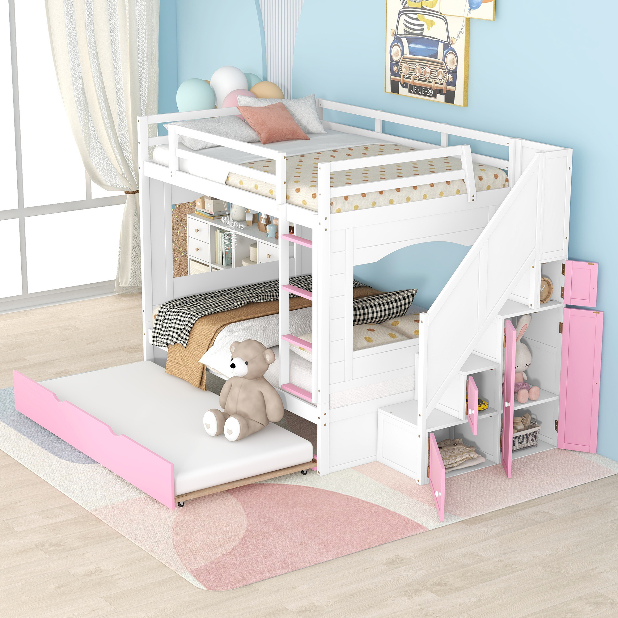Solid Wood Full Over Full Bunk Bed With Trundle, Stairs, Ladders and Storage Cabinet